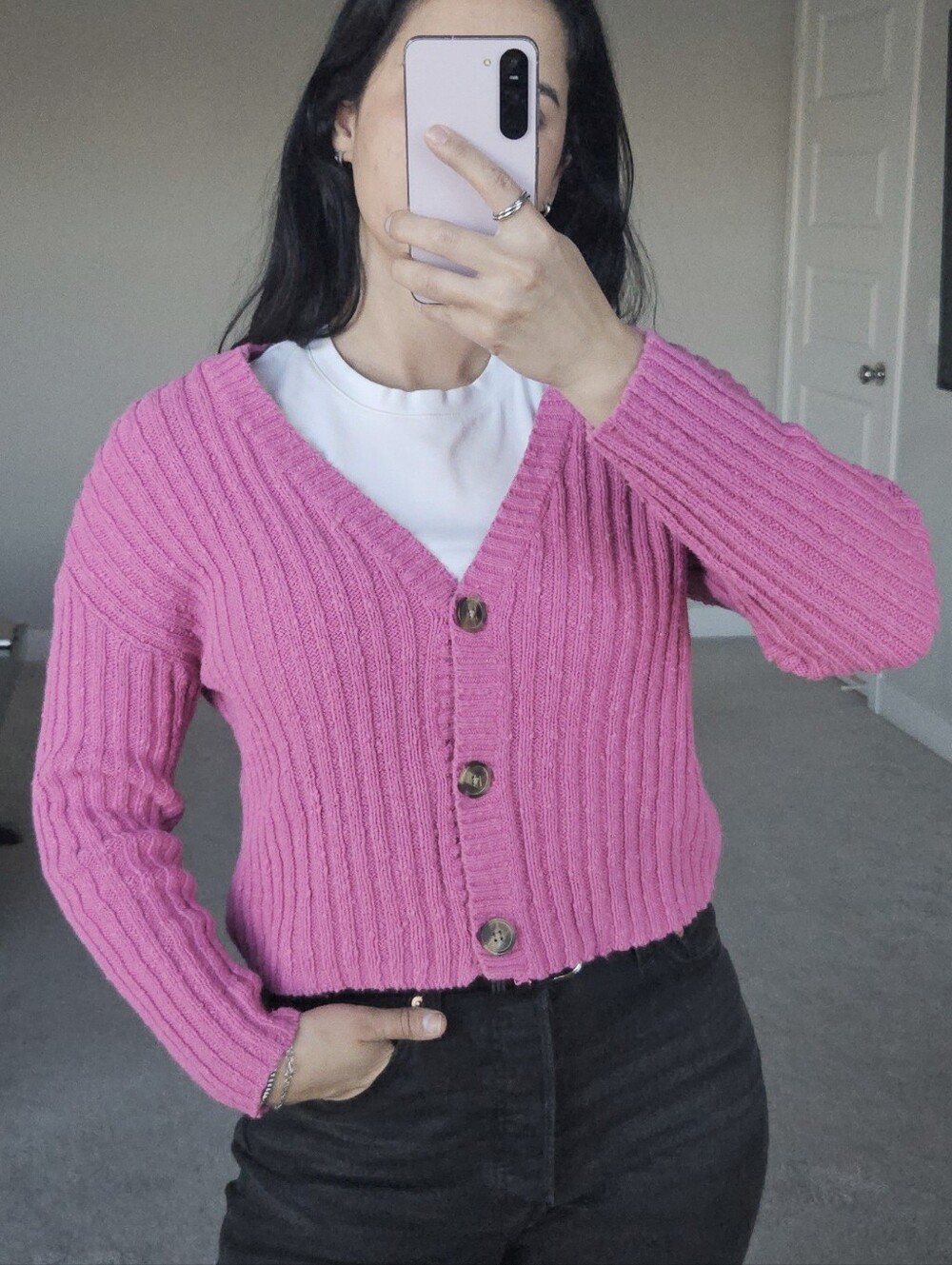 American Eagle Outfitters Hot Pink Ribbed V-Neck Button Cardigan